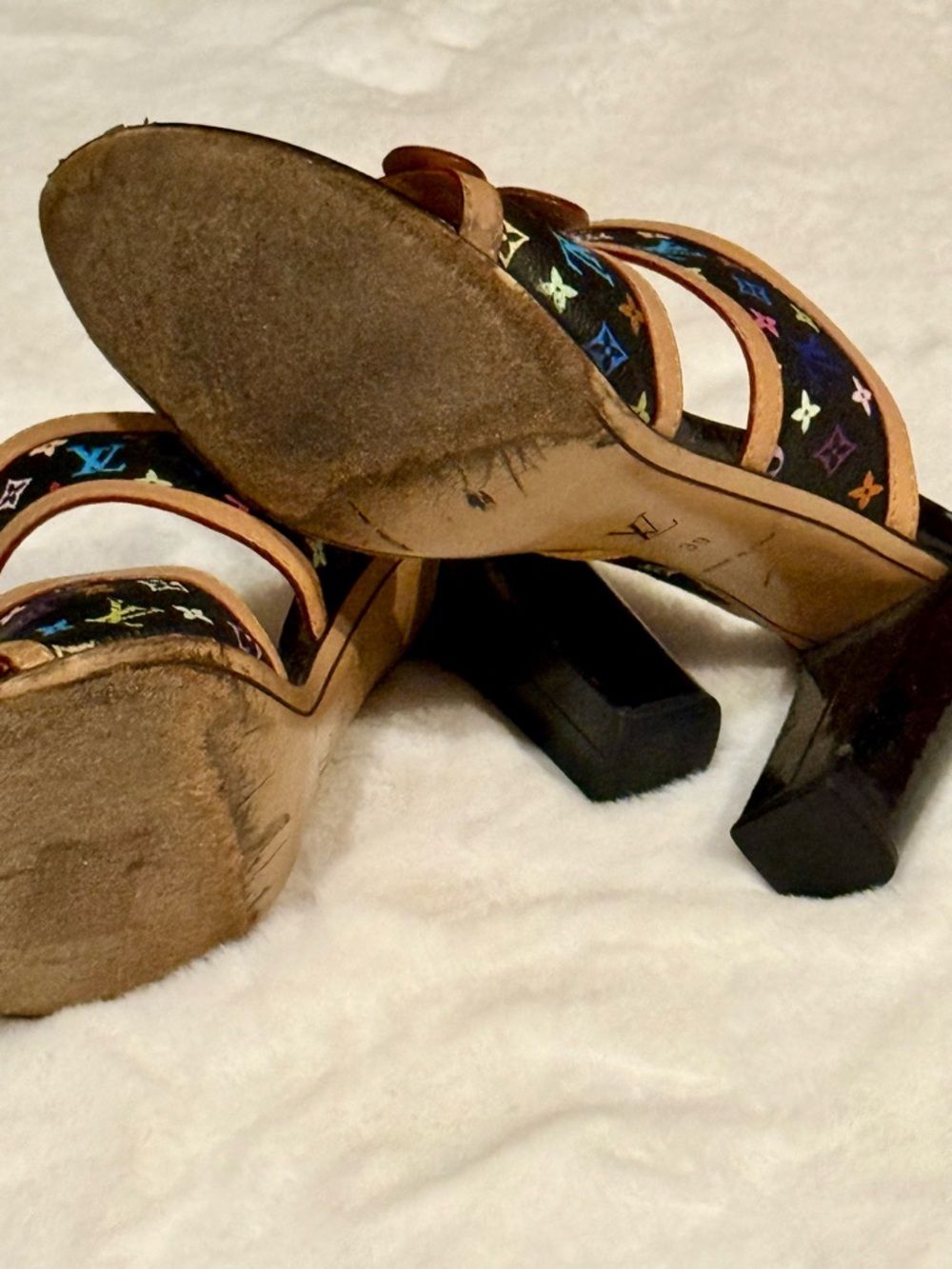 Louis Vuitton Black Multicolor Monogram Flower Mules Size 39 Vintage Authentic - Picture 6 of 10